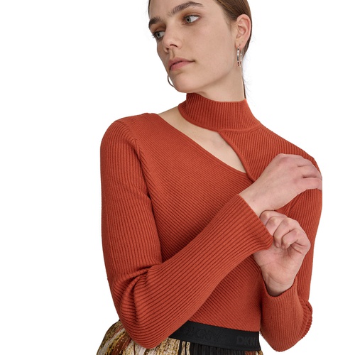 DKNY Womens Ribbed Cutout Mock Neck Sweater