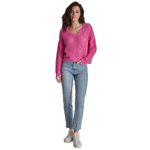 DKNY Womens V-Neck Open-Stitch Cotton Sweater