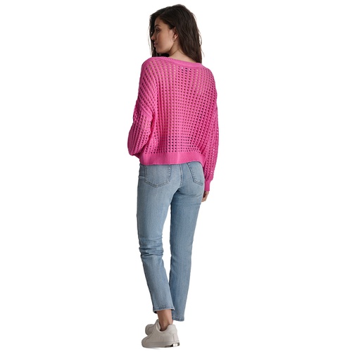 DKNY Womens V-Neck Open-Stitch Cotton Sweater