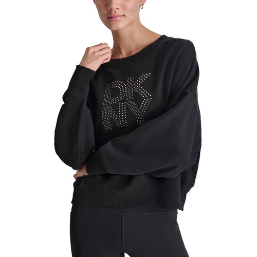 DKNY Womens Studded Logo Fleece Crewneck Sweatshirt