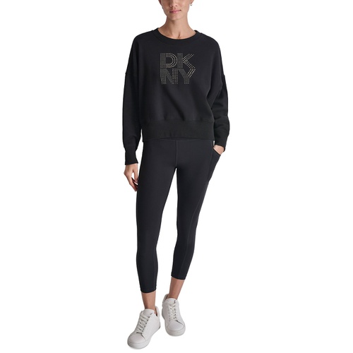 DKNY Womens Studded Logo Fleece Crewneck Sweatshirt