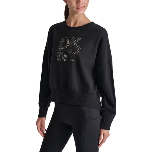 DKNY Womens Studded Logo Fleece Crewneck Sweatshirt