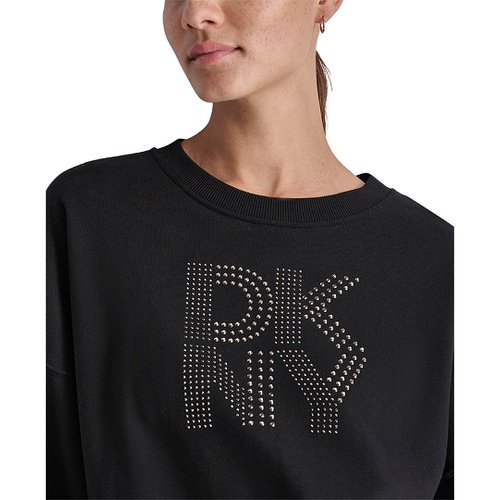 DKNY Womens Studded Logo Fleece Crewneck Sweatshirt