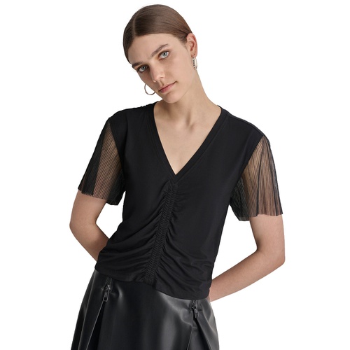 DKNY Womens Ruched Mesh-Sleeve Top