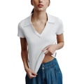 Womens V-Neck Side-Logo Rib-Knit Short Sleeve Polo Top