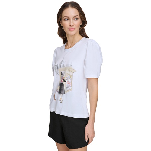 DKNY Womens Graphic-Print Puff-Sleeve T-Shirt