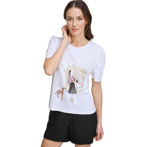 DKNY Womens Graphic-Print Puff-Sleeve T-Shirt