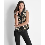 Womens Printed Sleeveless Button-Front Blouse