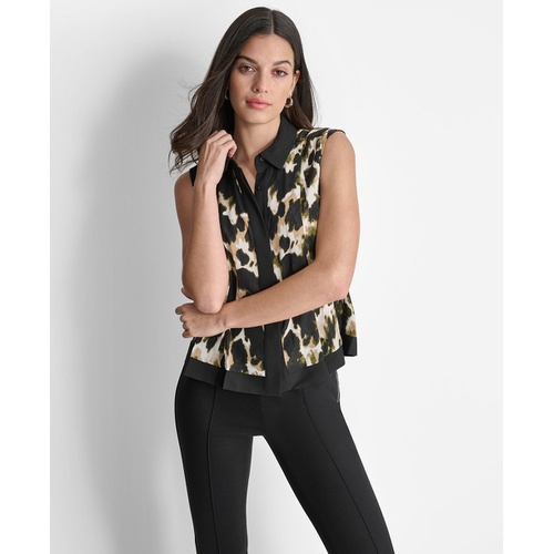 DKNY Womens Printed Sleeveless Button-Front Blouse