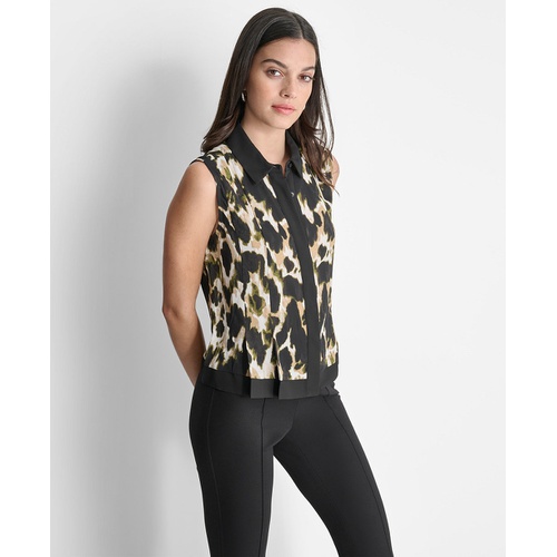 DKNY Womens Printed Sleeveless Button-Front Blouse