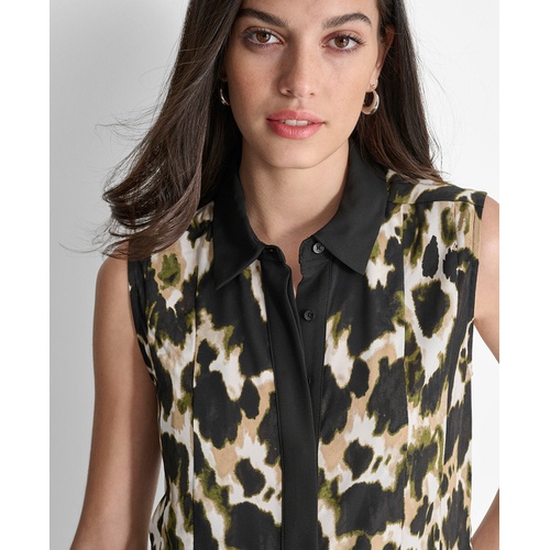 DKNY Womens Printed Sleeveless Button-Front Blouse