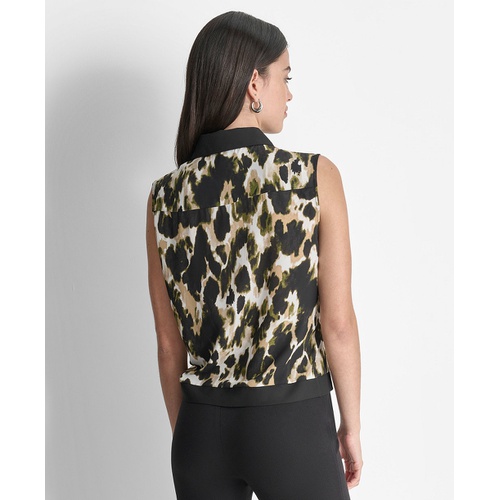 DKNY Womens Printed Sleeveless Button-Front Blouse