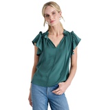 Womens Ruffle-Trim Split-Neck Top