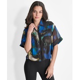 Womens Printed Short-Sleeve Button-Front Blouse