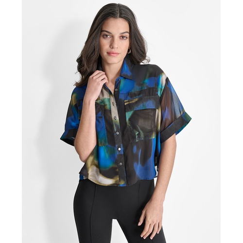 DKNY Womens Printed Short-Sleeve Button-Front Blouse