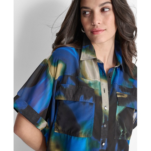 DKNY Womens Printed Short-Sleeve Button-Front Blouse