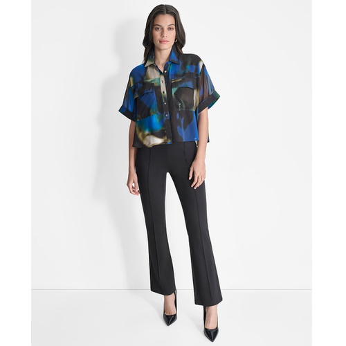 DKNY Womens Printed Short-Sleeve Button-Front Blouse