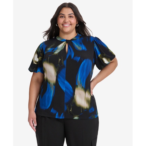 DKNY Plus Size Printed Twist-Neck Puff-Sleeve Blouse