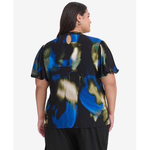 DKNY Plus Size Printed Twist-Neck Puff-Sleeve Blouse