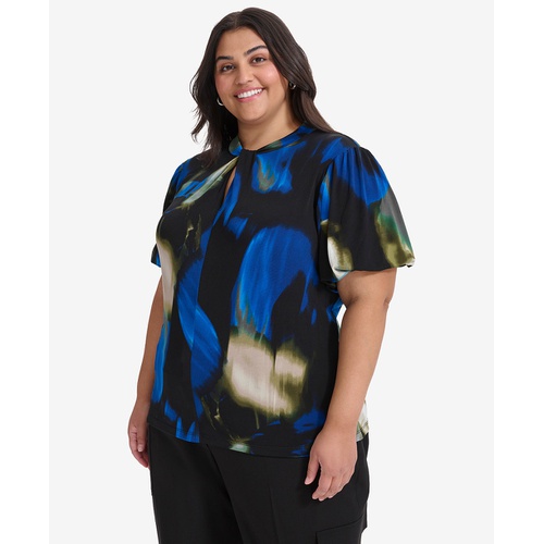 DKNY Plus Size Printed Twist-Neck Puff-Sleeve Blouse