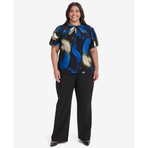 DKNY Plus Size Printed Twist-Neck Puff-Sleeve Blouse