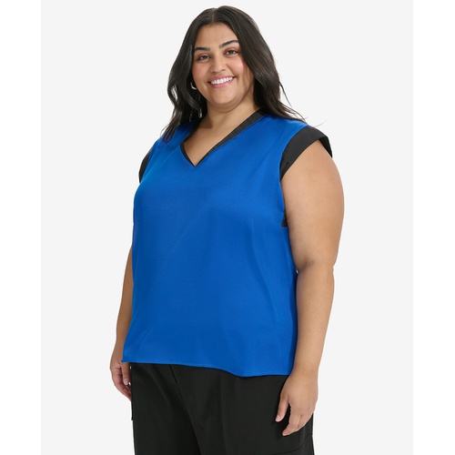 DKNY Plus Size Contrast-Trim V-Neck Blouse