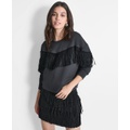 Womens Embellished-Fringe Long-Sleeve Crewneck Top