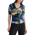 Womens Printed Puff-Sleeve Knit Top