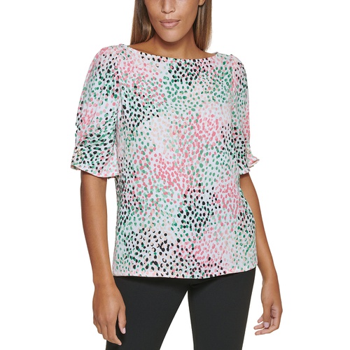 DKNY Petite Printed Embellished Elbow-Sleeve Blouse