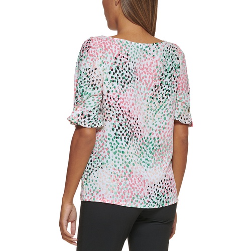 DKNY Petite Printed Embellished Elbow-Sleeve Blouse