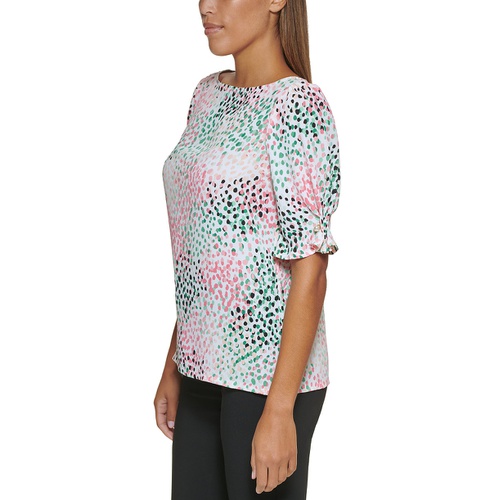 DKNY Petite Printed Embellished Elbow-Sleeve Blouse