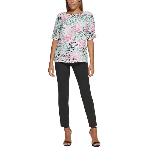 DKNY Petite Printed Embellished Elbow-Sleeve Blouse