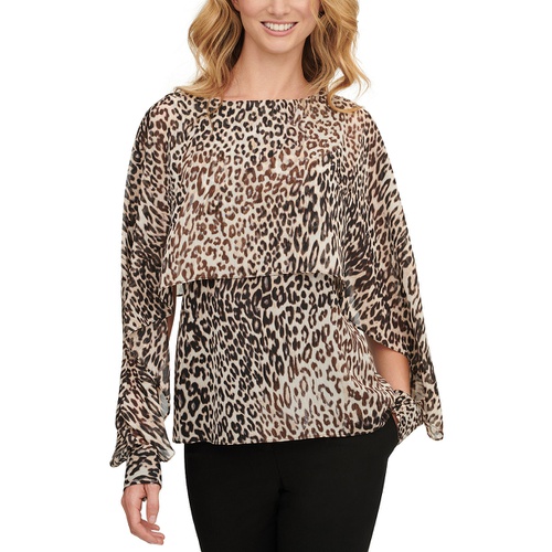 DKNY Petite Animal-Print Long-Sleeve Cape Top