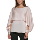 Petite Solid Crewneck Smocked-Cuff Cape Blouse