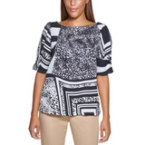 Petite Printed Imitation Pearl-Trim Top