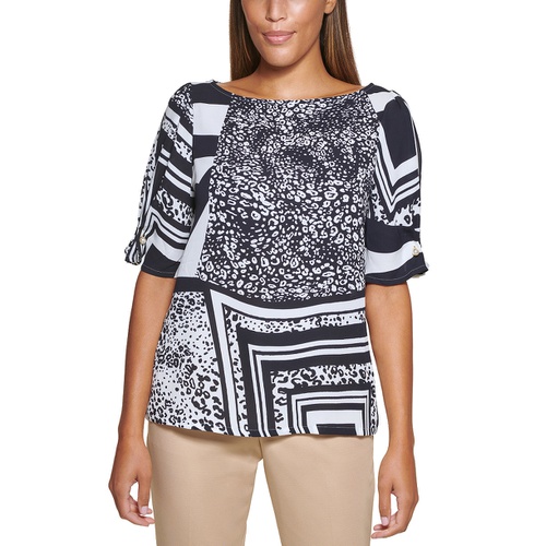 DKNY Petite Printed Imitation Pearl-Trim Top