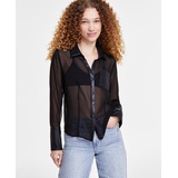 Womens Faux-Leather Trim Sheer-Mesh Shirt