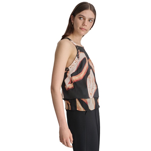 DKNY Womens Printed Square Neck Sleeveless Top