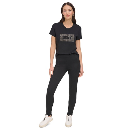 DKNY Womens Studded-Logo Crewneck Short-Sleeve Top