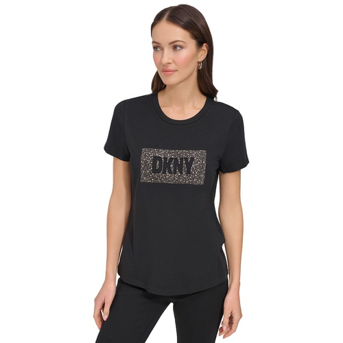 DKNY Womens Studded-Logo Crewneck Short-Sleeve Top