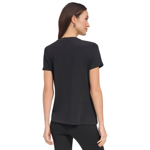 DKNY Womens Studded-Logo Crewneck Short-Sleeve Top