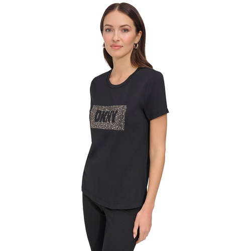 DKNY Womens Studded-Logo Crewneck Short-Sleeve Top