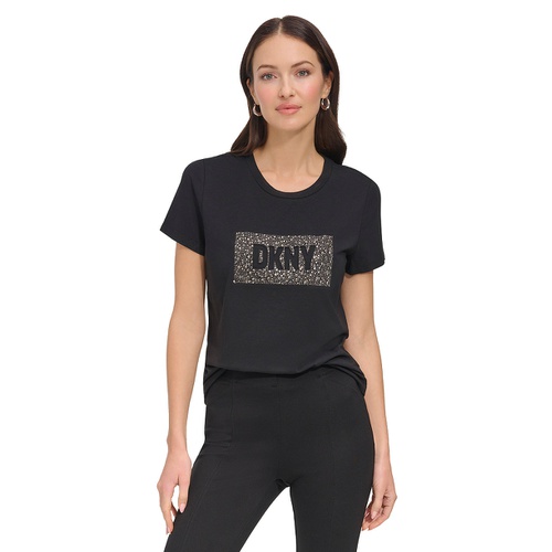 DKNY Womens Studded-Logo Crewneck Short-Sleeve Top