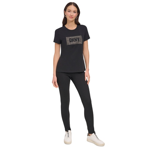 DKNY Womens Studded-Logo Crewneck Short-Sleeve Top