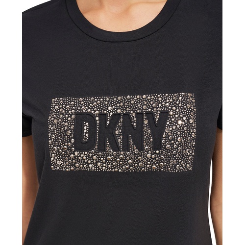 DKNY Womens Studded-Logo Crewneck Short-Sleeve Top