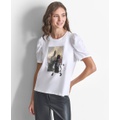 Womens Crewneck Fashion-Graphic Puff-Sleeve Top