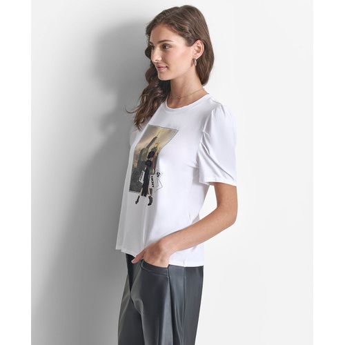 DKNY Womens Crewneck Fashion-Graphic Puff-Sleeve Top