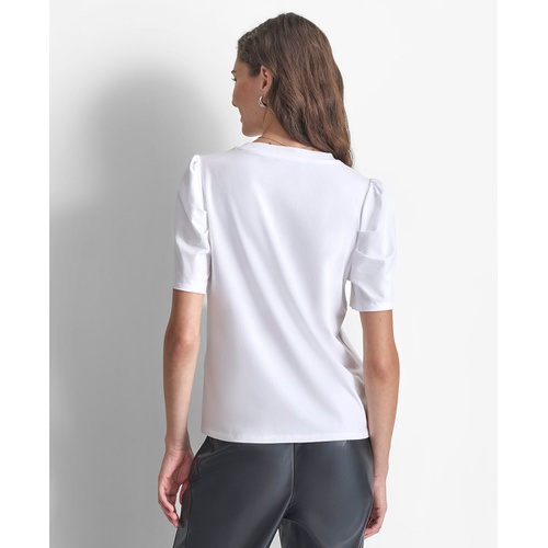 DKNY Womens Crewneck Fashion-Graphic Puff-Sleeve Top