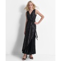 Womens Sequinned Pleated Tie-Waist Evening Gown