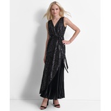 Womens Sequinned Pleated Tie-Waist Evening Gown